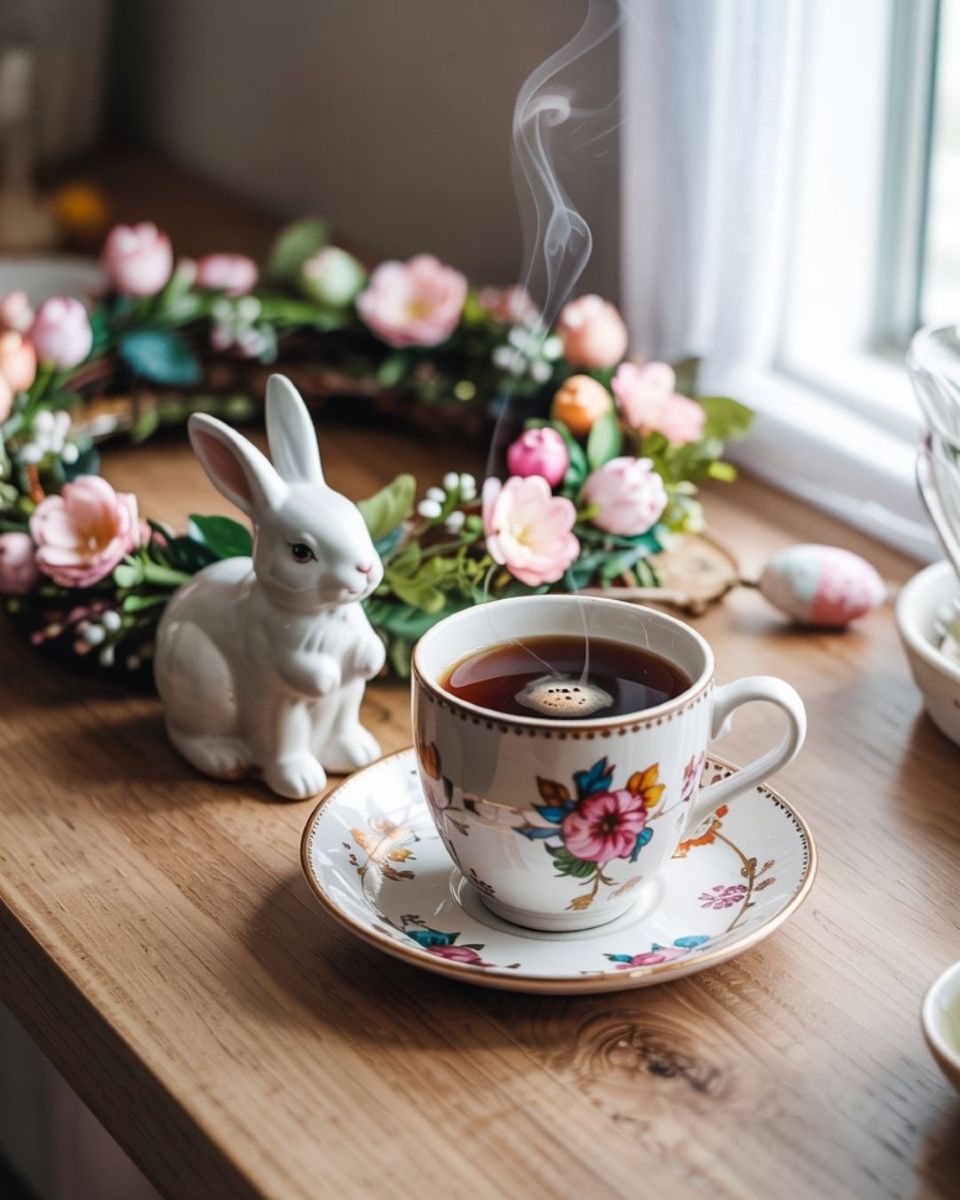 A cup of tea or coffee with bunny, wreath as easter props.