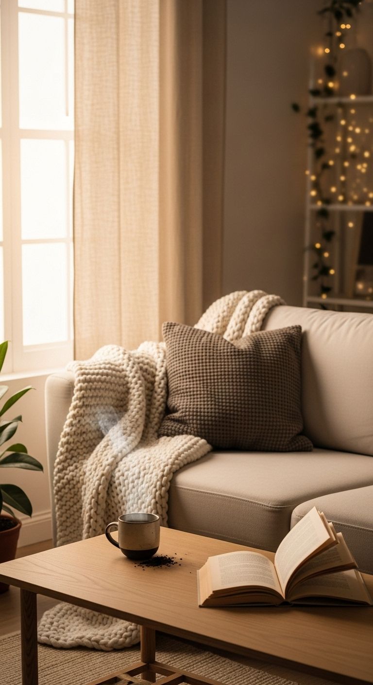 a soft wool throw on the sofa