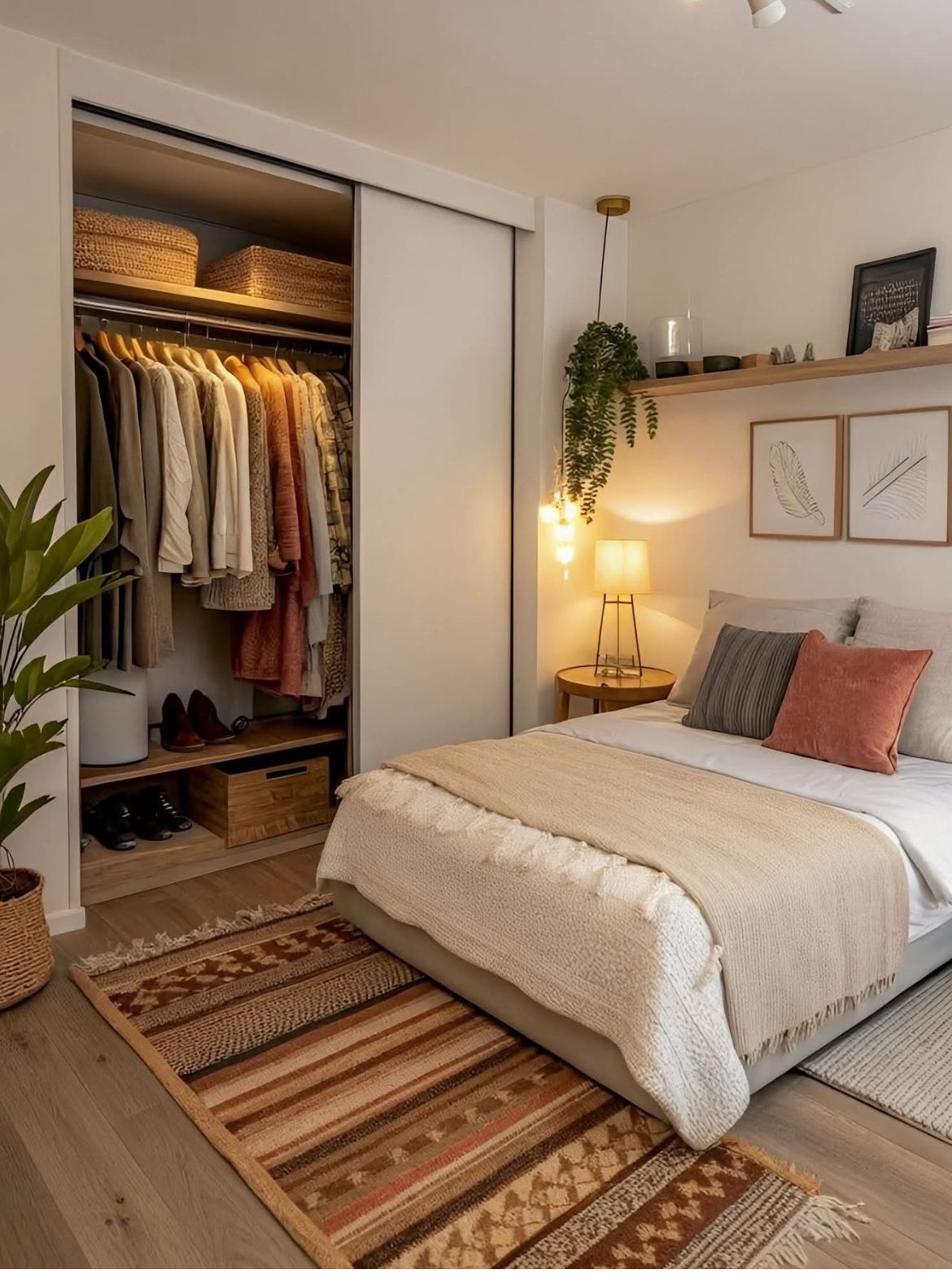 Neatly arranged bed with a bedside lamp.