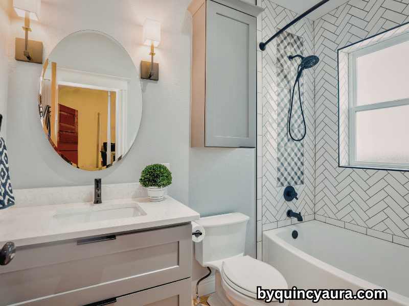 Small bathroom with bold accent tiles behind the vanity and neutral decor, creating a high-end, luxurious look