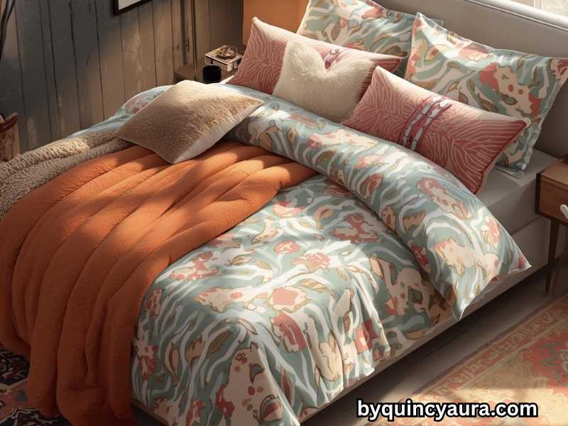 Small bedroom with coordinated patterned bedding, pillows, and rugs that look stylish and designer-inspired