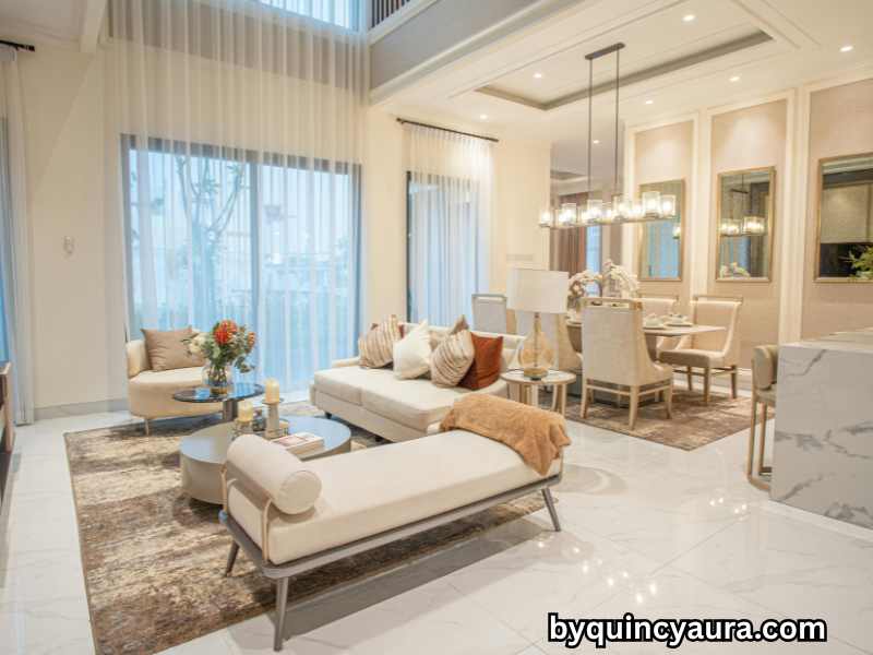 Small living room styled with a chic color palette, layered pillows, accent pieces, and warm lighting for a luxurious feel