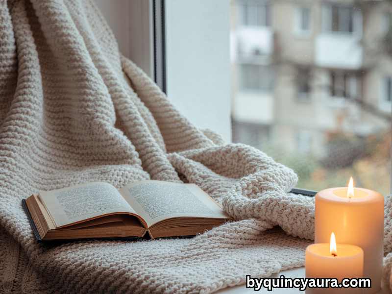 Cozy reading nook in a tiny bedroom with soft lighting, cushions, books, and neutral decor