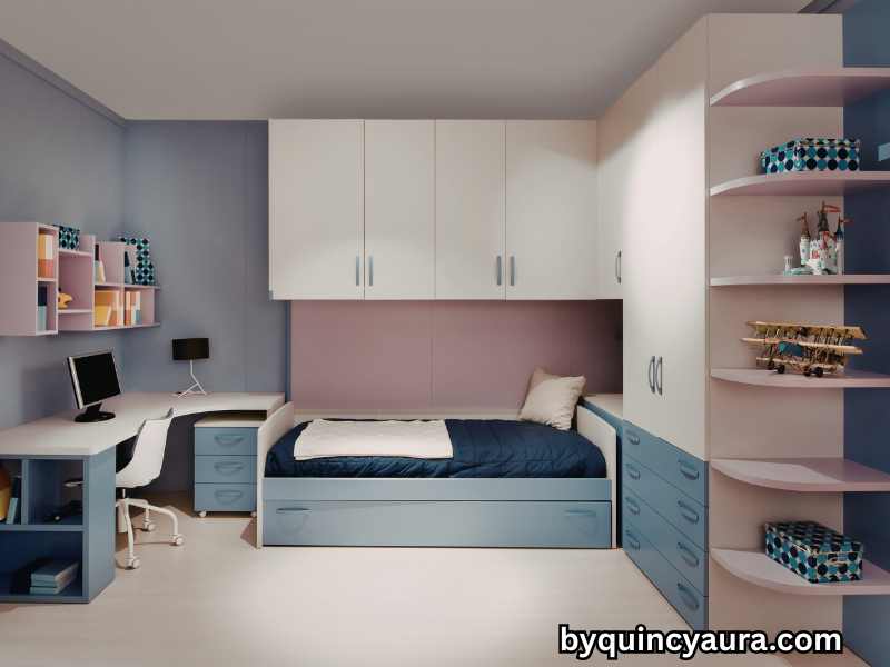 Small bedroom accent wall with modern decor, soft lighting, and designer-inspired styling