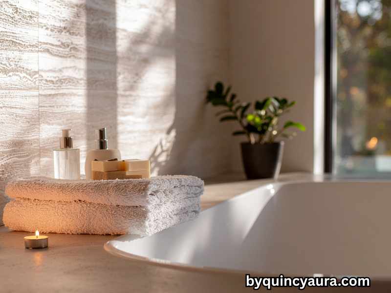 Small bathroom styled with spa-inspired accessories including plush towels, candles, trays, and minimal decor for a luxurious feel