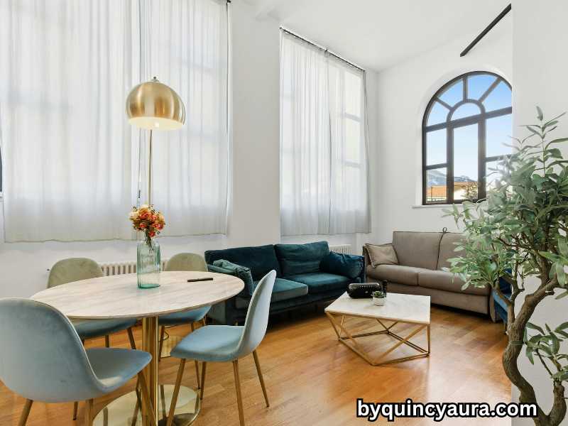 Elegant tiny living room with neutral colors, mirror, cozy seating, and natural light, looking spacious and stylish