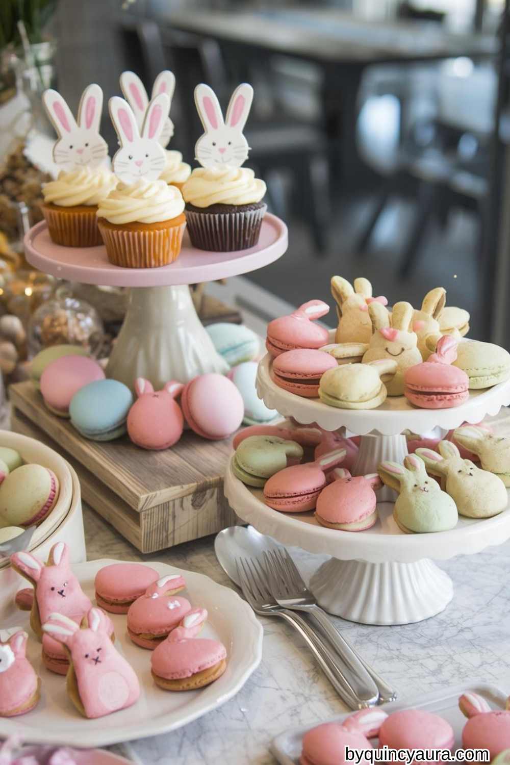 A table filled with bunny themed desserts.