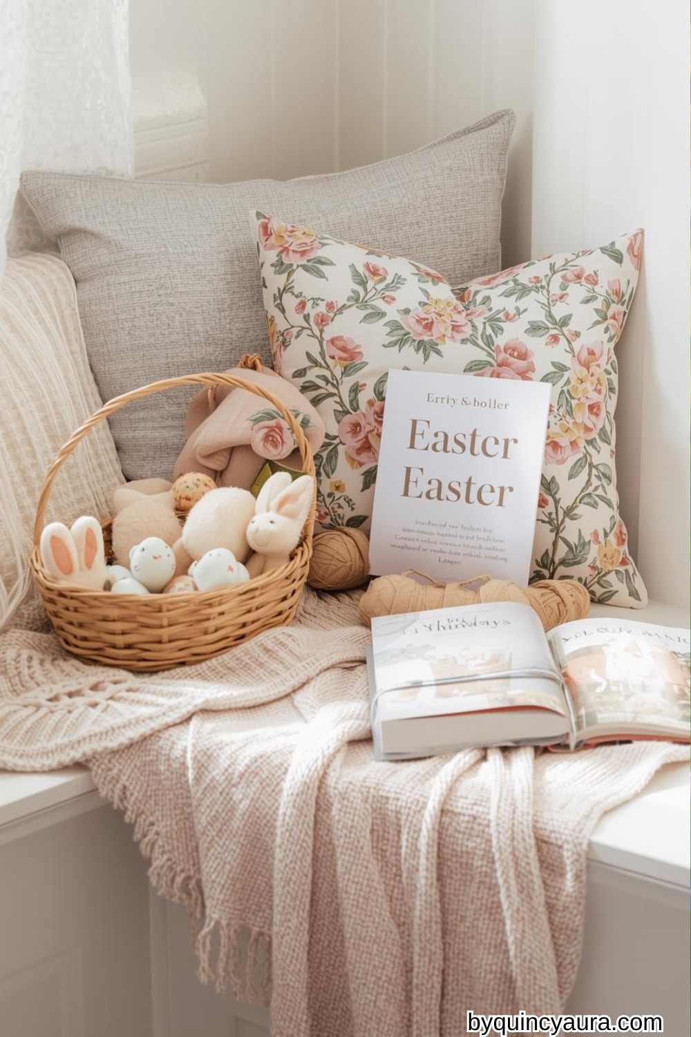 a small nook with pastel blankets, pillows, a basket of Easter treats, and a spring-themed book.