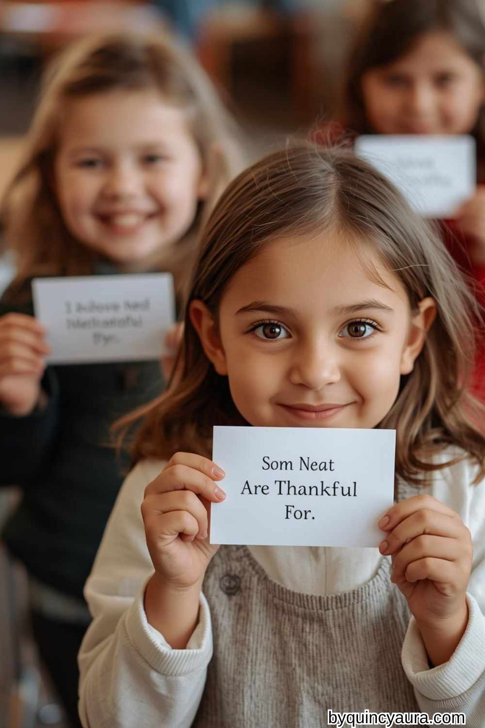 children with a thank you card