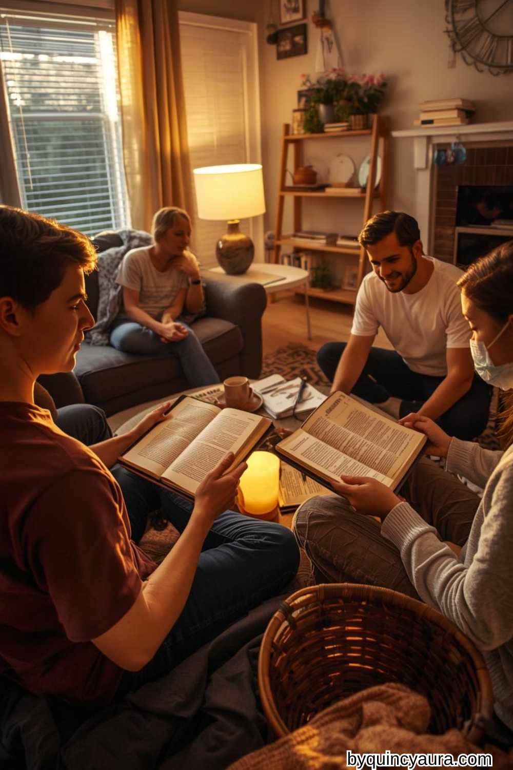 family that are meditating and reading the bible together.