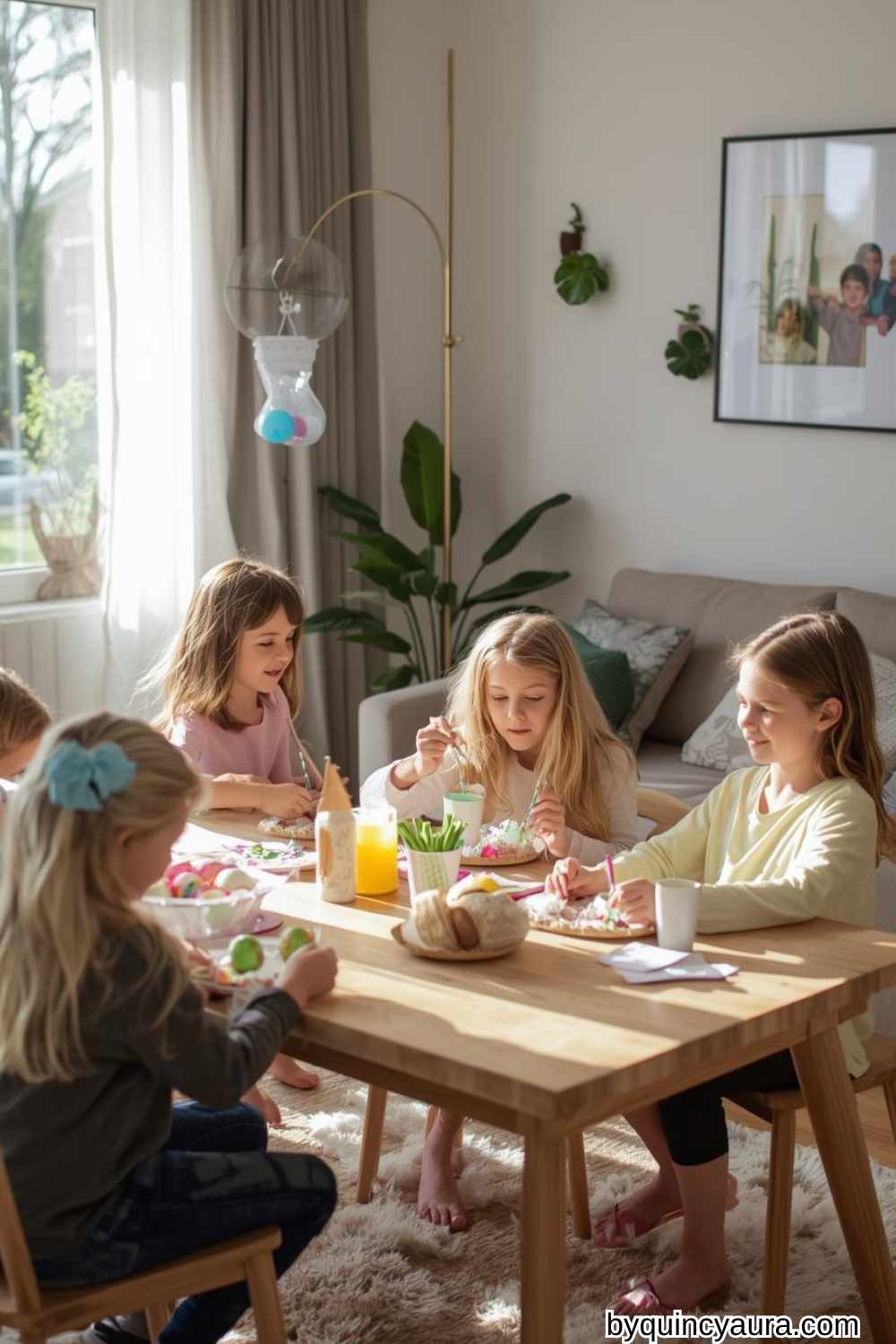 children creating crafts in the living room.