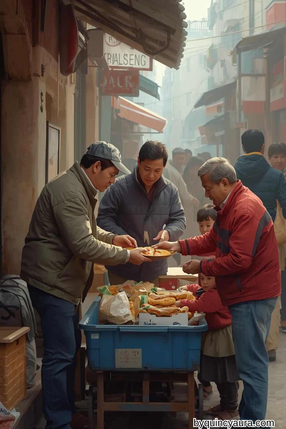 family sharing food to a local charity
