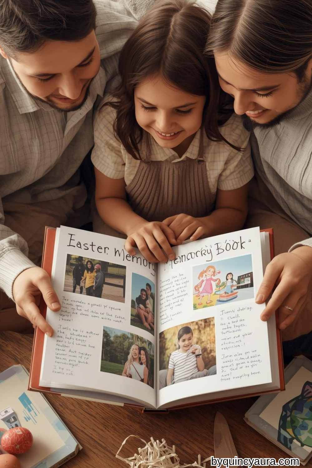 family looking at photo album together.