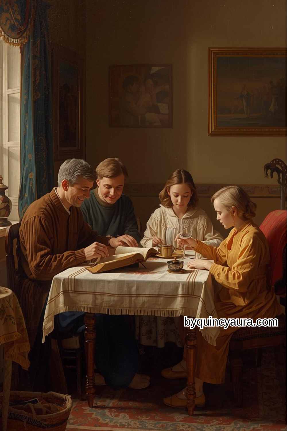 A family gathered in around the dining table and reading the bible