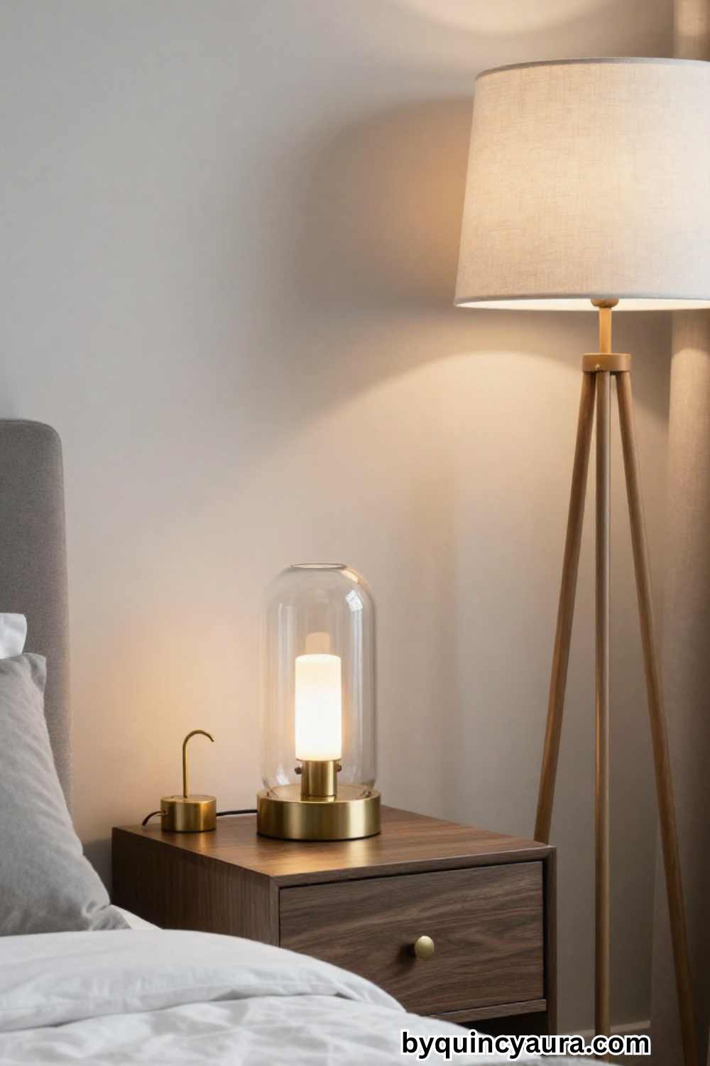 glass lamp, a brass bedside light, and a fabric floor lamp to create depth and interest.