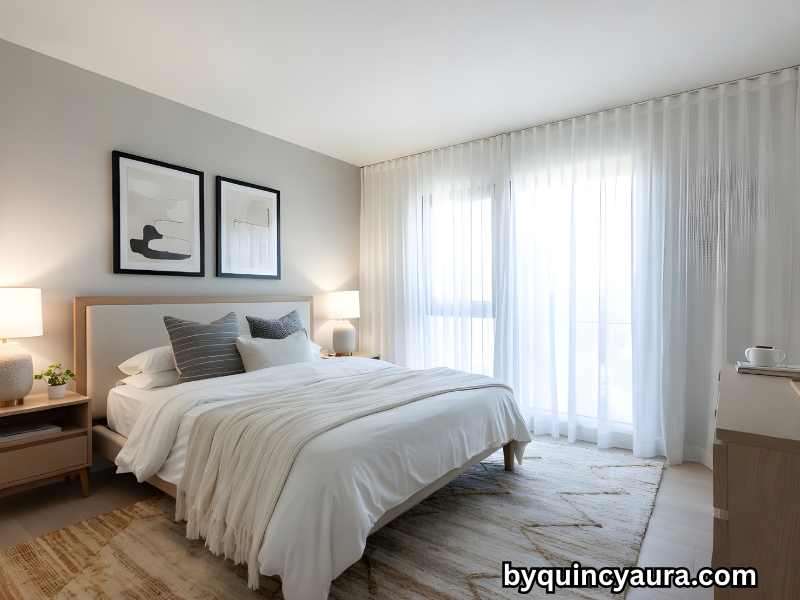 Small bedroom styled with layered bedding, soft lighting, and neutral decor for a hotel-luxe feel