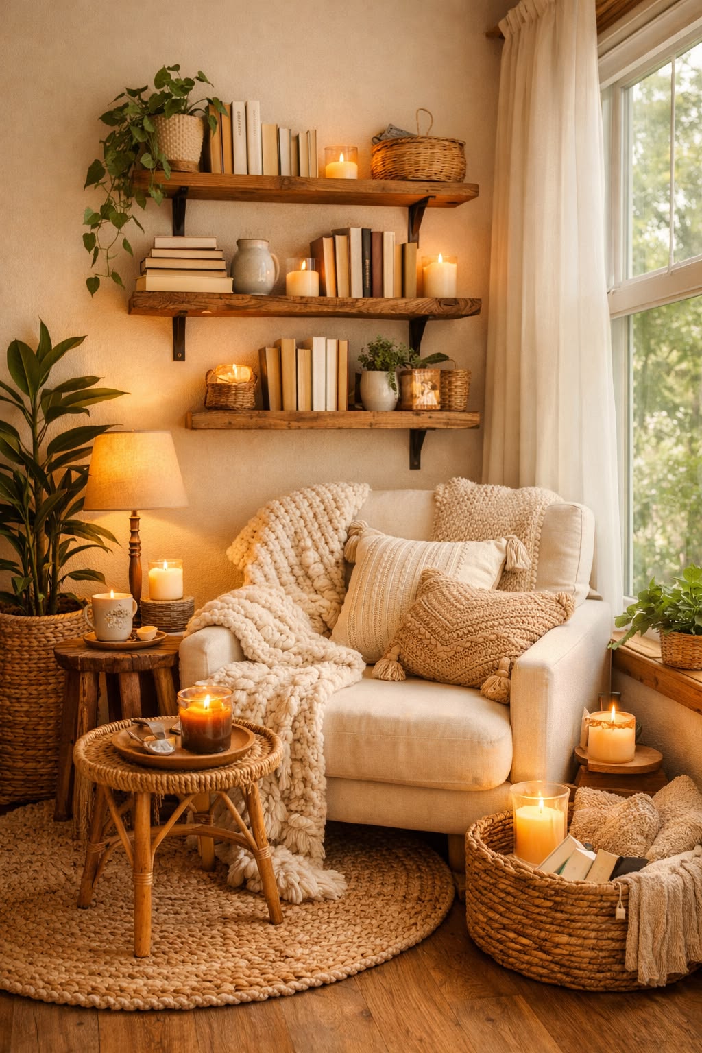 soft candle light in reading nook