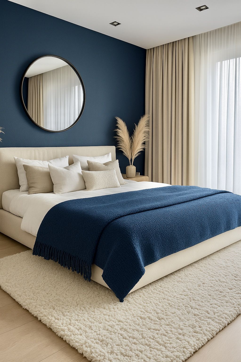 deep navy accent wall, paired with crisp white bedding and gold accents