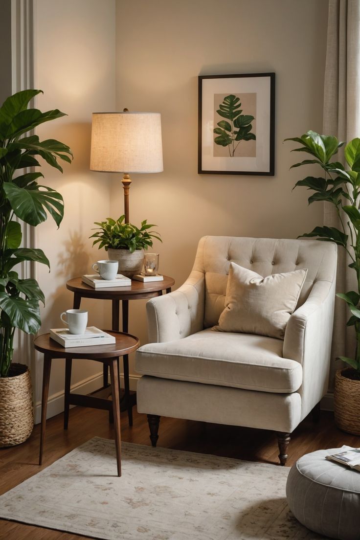 living room with a statement light.
