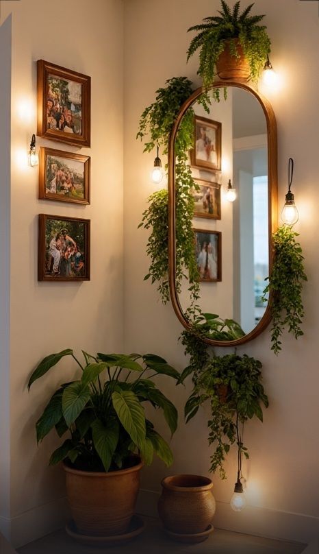 gold-framed mirror in a bedroom