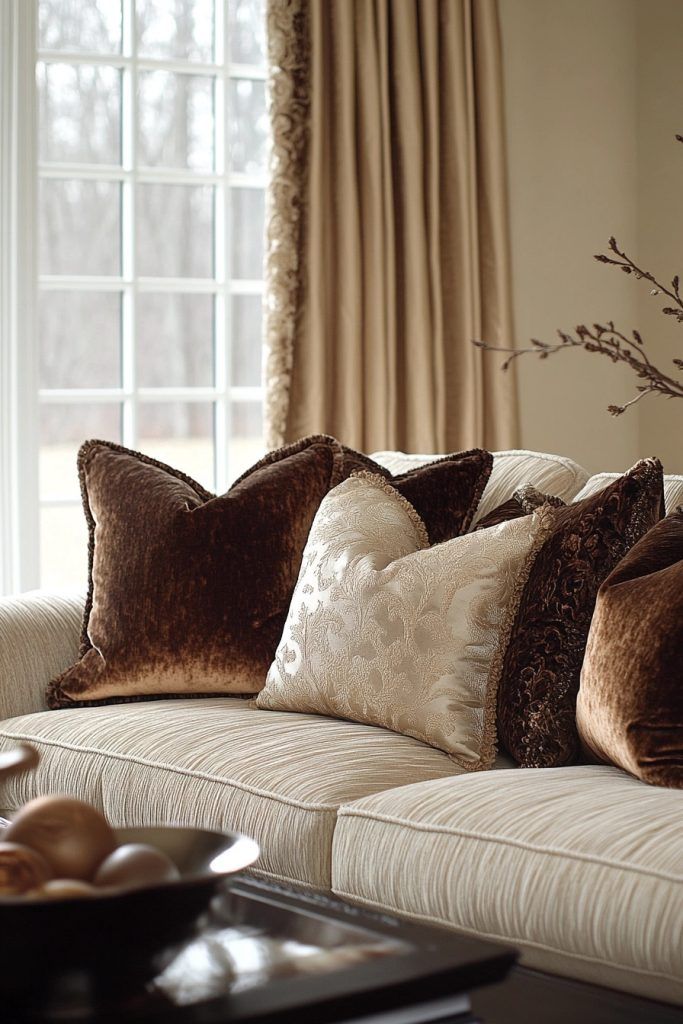 layered shades of beige from creamy walls to taupe pillows and caramel-colored accents.