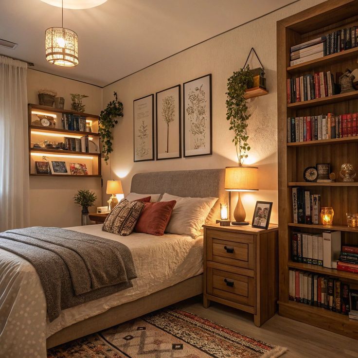 bedroom with cozy warm lights.