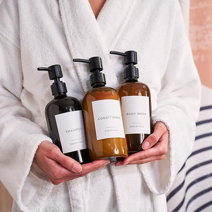 liquid soap and shampoo into refillable bottles.