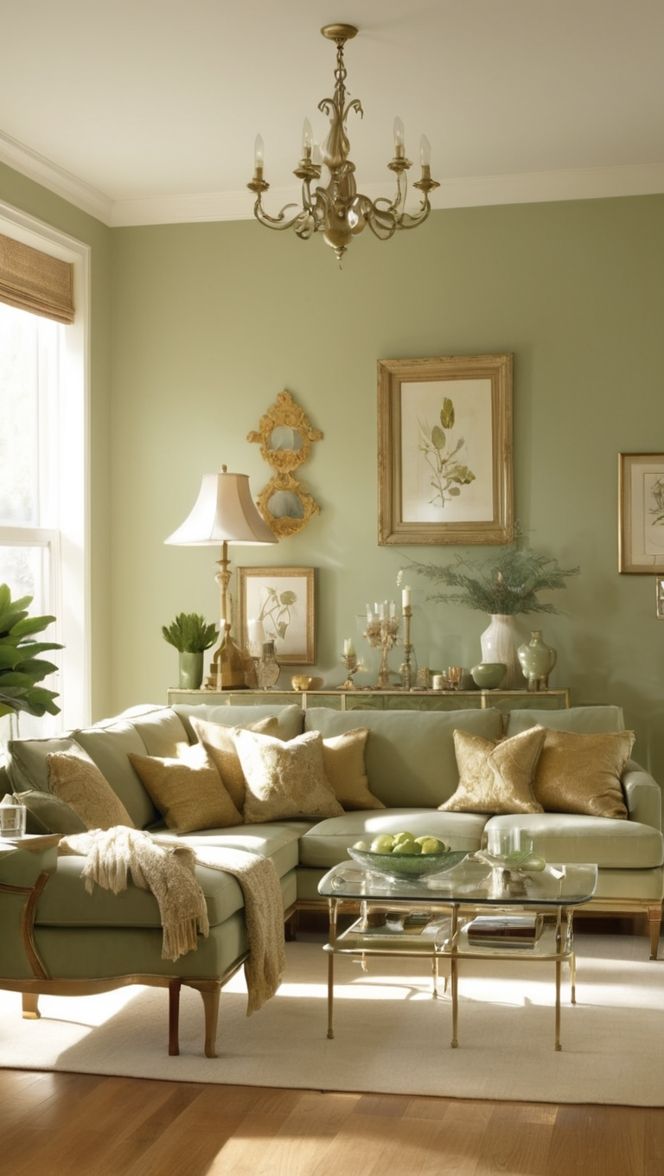 soft sage walls with cream furniture and gold accents for a small living room t