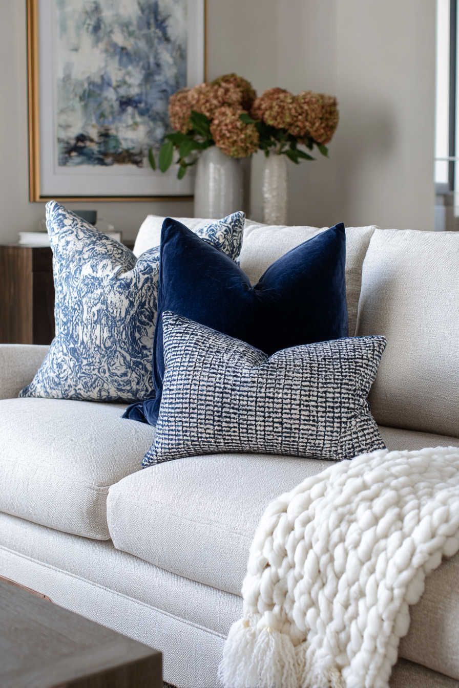 velvet cushion paired with a striped pillow.