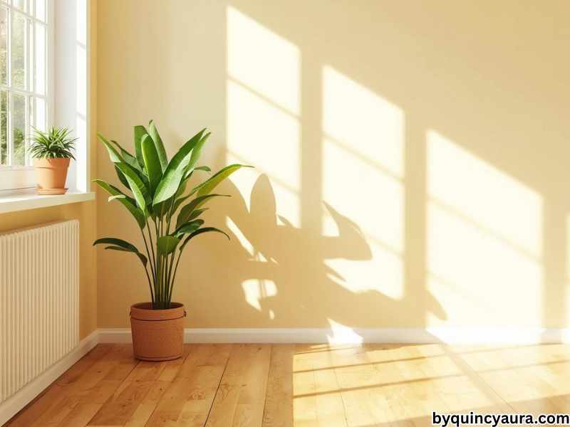 A bright and cheerful photo of a empty corner in a home setting in a sunny corner near a window. 
