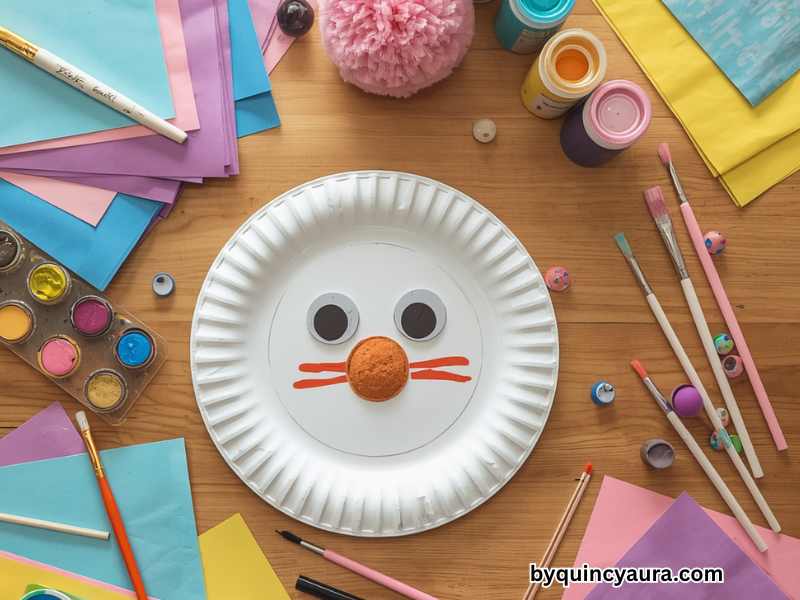 Flat lay of kids craft supplies on a white table including washable paints, glue sticks, washi tape and a paper plate animal craft for beginners