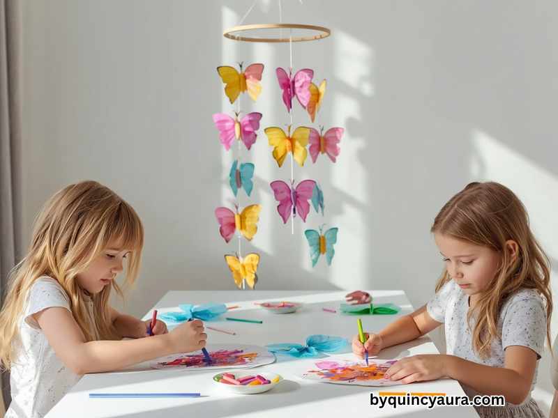 Colorful DIY butterfly mobile made with coffee filters, markers, and pipe cleaners as an easy kids craft for a fun weekend activity.
