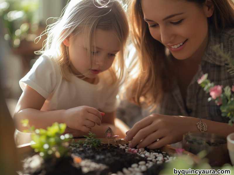 Mother and daughter creating a DIY fairy garden with small plants, stones, and miniature decorations outdoors