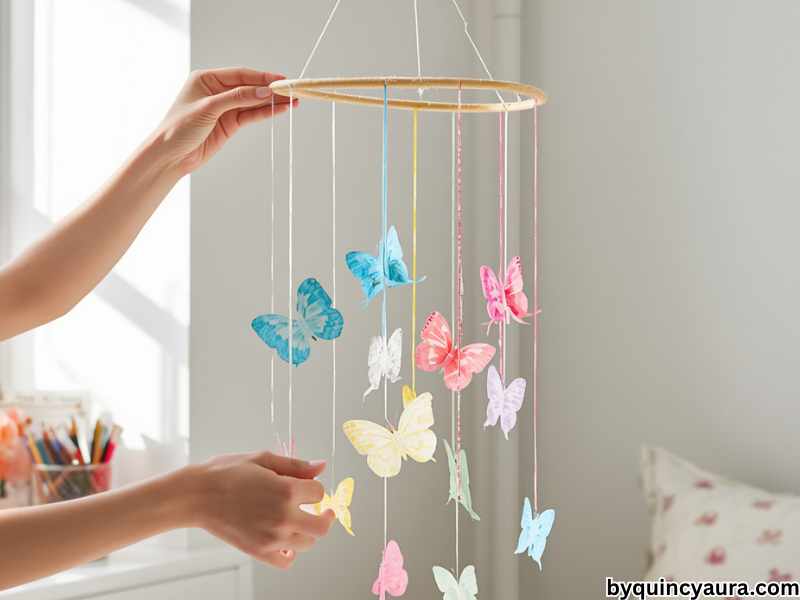 A bright, airy scene of hands assembling a DIY butterfly mobile, tying colorful coffee filter butterflies with pipe cleaners onto strings of different lengths attached to a wooden dowel, with the butterflies hanging and cascading beautifully, set on a clean white table.