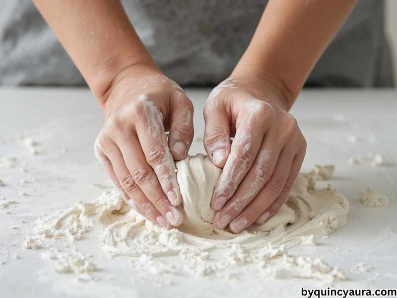 A bright, soft-lit close-up of hands kneading and conditioning white air dry clay on a clean white surface, showing the clay being squeezed, folded, and rolled.