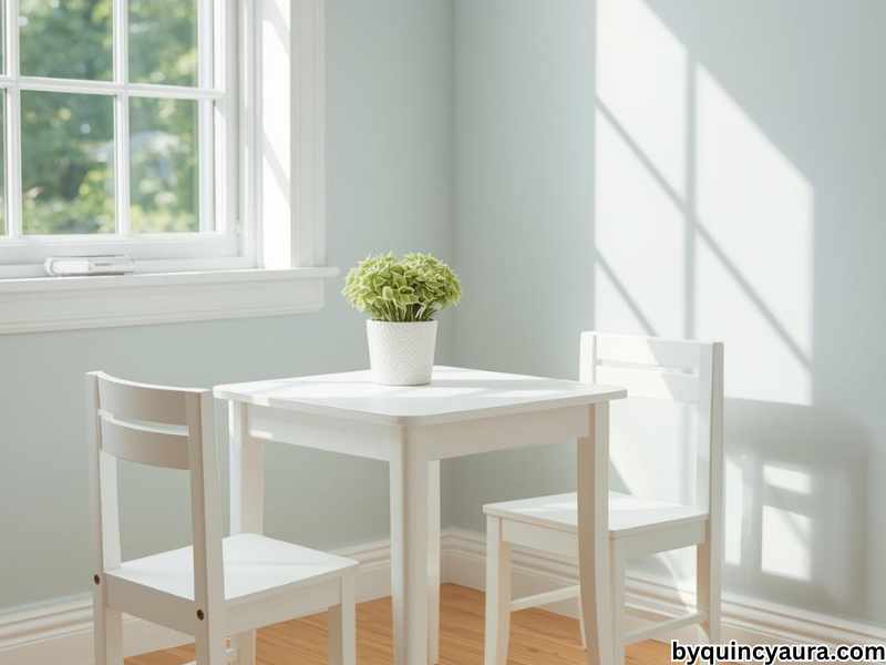  A small white child-sized table and chairs sit in a sunny corner near a window. 