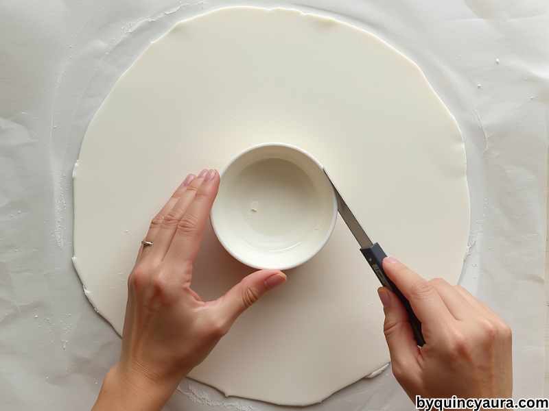 A bright, clean top-down view of white air dry clay rolled flat on parchment paper, with a small bowl placed on top as a template while hands carefully cut a circle around it using a plastic knife