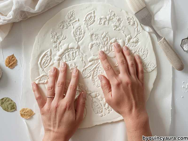 A bright, soft-lit top-down view of white air dry clay laid flat on parchment paper, with hands pressing lace fabric, leaves, and textured tools into the surface to create patterns, showing detailed imprints, on a clean white table