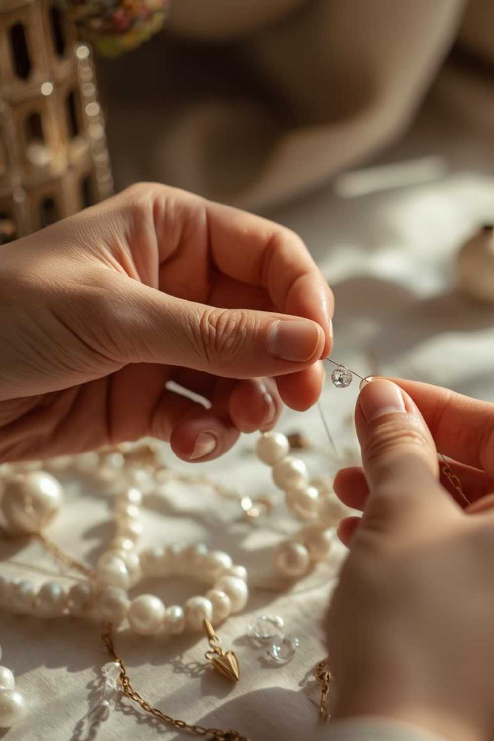a close up image of hand assembling jewelries together.