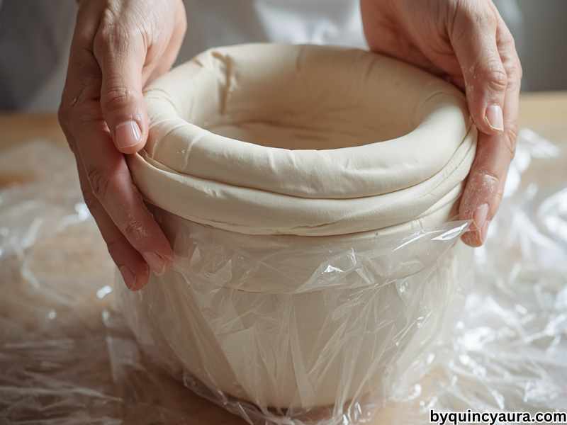 A bright, soft-lit close-up of hands gently draping a rolled white air dry clay circle over an upside-down bowl covered in plastic wrap, smoothing the clay over the curved surface