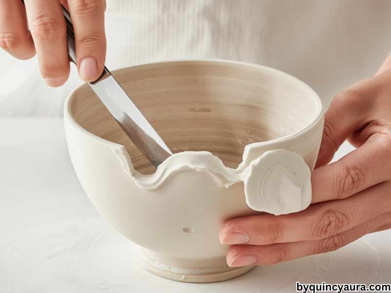 A bright, soft-lit close-up of hands trimming and smoothing the edges of a white air dry clay bowl draped over an upside-down mold, using a plastic knife and a damp finger to refine the rim, set on a clean white surface