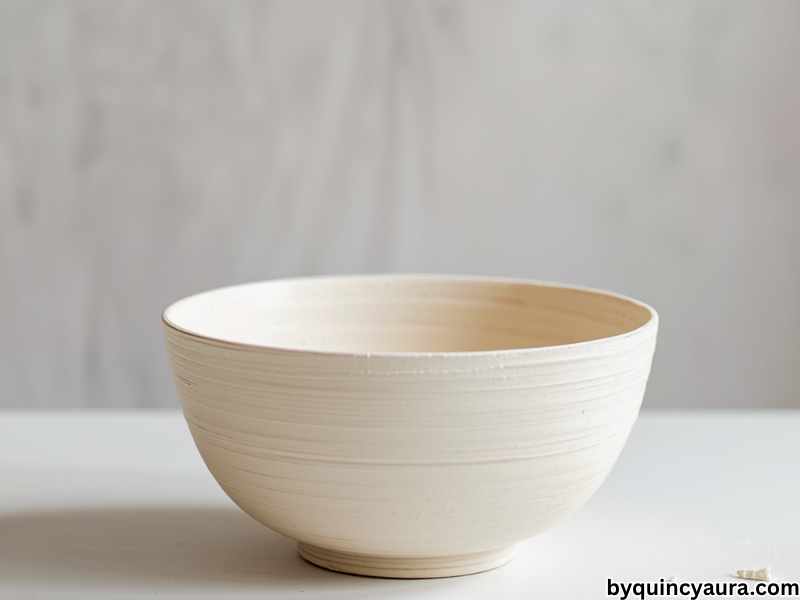 A soft, airy image of a white air dry clay bowl drying on an upside-down mold, placed on a clean white table