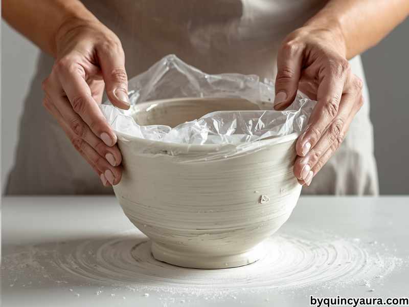 A bright, soft-lit close-up of hands carefully removing a fully dried white air dry clay bowl from an upside-down mold, peeling away plastic wrap, with the smooth clay bowl resting on a clean white table