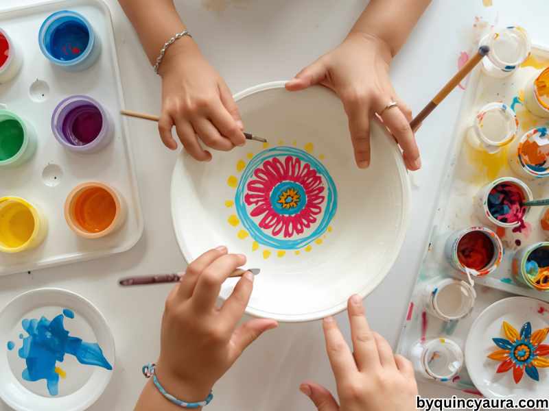 A vibrant, well-lit image of hands painting a white air dry clay bowl with acrylic paints, surrounded by colorful brushes and paint pots, children’s hands adding stripes, dots, and patterns, set on a clean white table