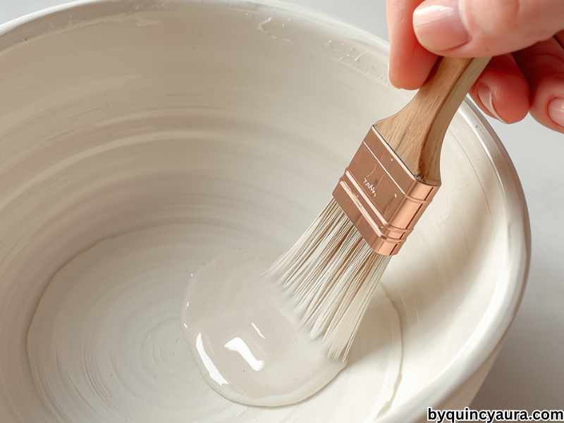 A bright, soft-lit close-up of a finished white air dry clay bowl being sealed with a thin coat of Mod Podge or clear acrylic sealer using a wide brush, highlighting the glossy polished finish