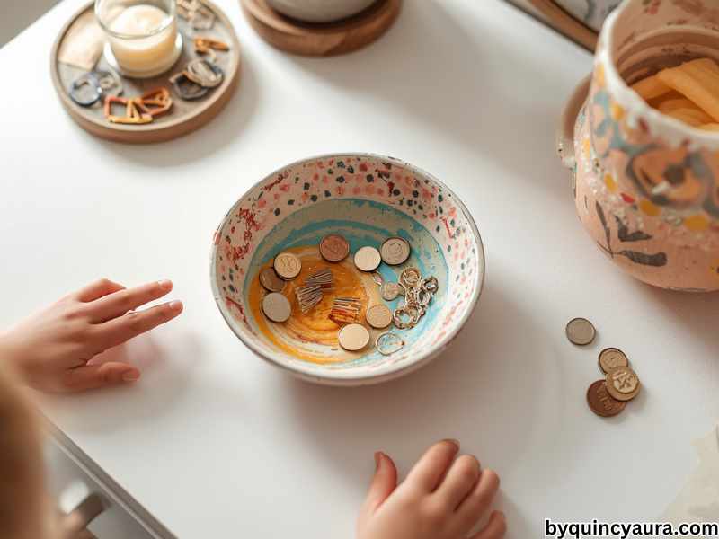 A bright, soft-lit image of a colorful, handmade air dry clay bowl on a clean dresser or desk, filled with small items like jewelry, hair clips, coins, or stationery, surrounded by minimal décor, children’s hands nearby