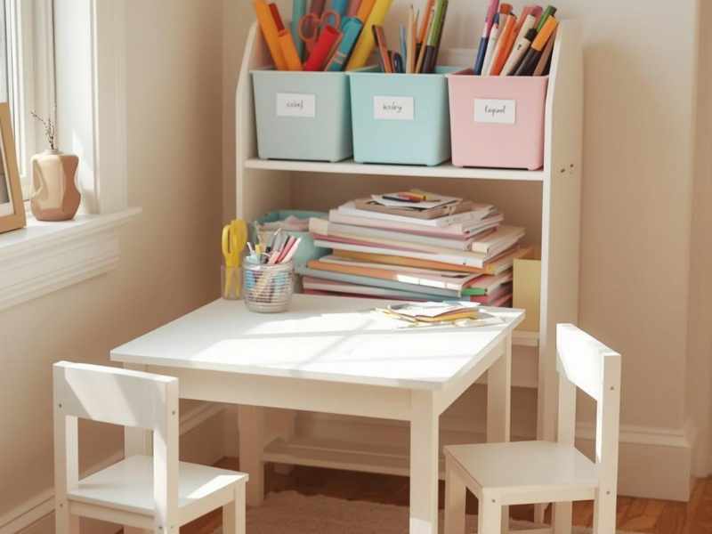 A bright and cheerful photo of a cozy kids craft corner in a home setting. A small white child-sized table and chairs sit in a sunny corner near a window. 