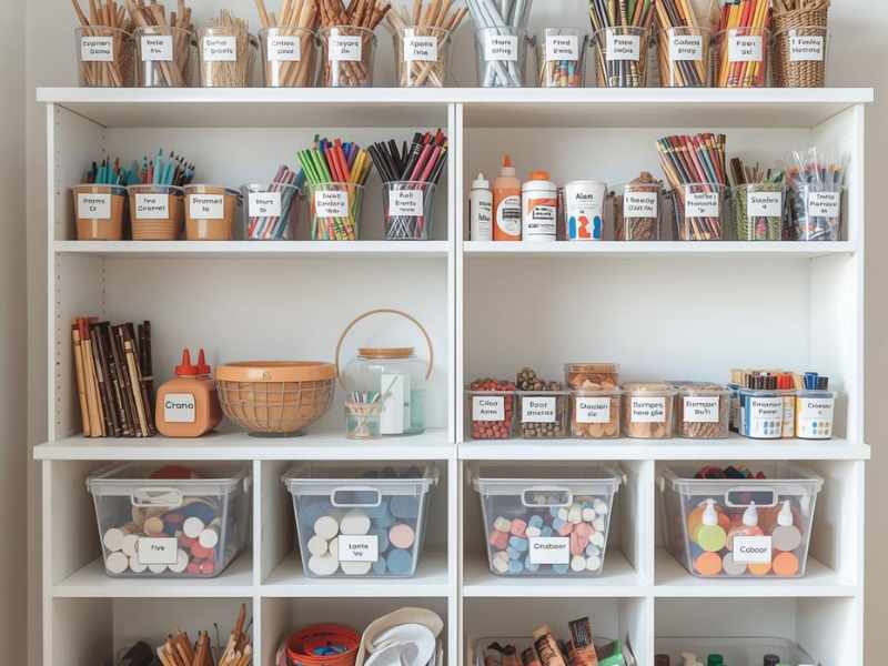 A bright, organized kids craft corner with supplies neatly arranged by category in clear containers, including markers, crayons, paper, glue, and paint, with labeled bins using both words and simple icons.
