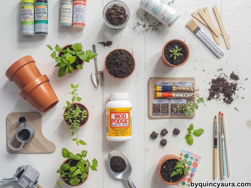 A bright, clean flat lay of mini herb garden craft supplies arranged neatly on a white or light wooden table, including small terra cotta pots, colorful acrylic paints, paintbrushes, Mod Podge sealer, potting soil, herb seeds and small seedlings (basil, mint, parsley), a small trowel or spoon, a watering can or spray bottle, wooden craft sticks, markers, and optional decorations like stickers and washi tape.