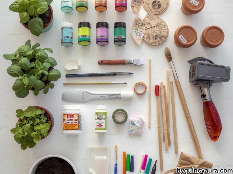 A bright, clean flat lay of mini herb garden craft supplies arranged neatly on a white or light wooden table, including small terra cotta pots, colorful acrylic paints, paintbrushes, Mod Podge sealer, potting soil, herb seeds and small seedlings (basil, mint, parsley), a small trowel or spoon, a watering can or spray bottle, wooden craft sticks, markers, and optional decorations like stickers and washi tape.